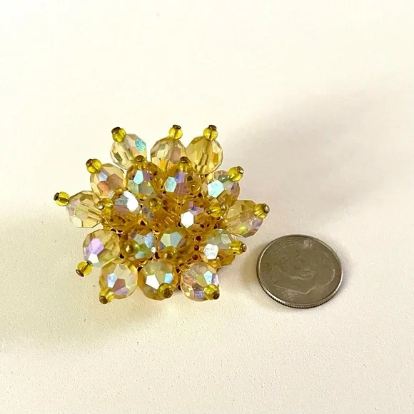 RELISTED Vintage Lemon Yellow Faceted Rhinestone and Brass Flower Brooch - Picture 11 of 14